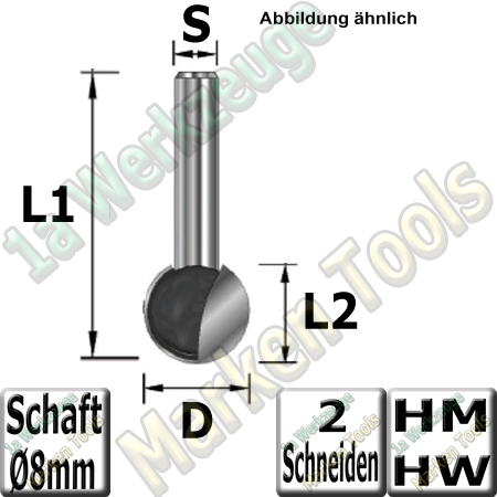 Kugelfräser Ø 15.9mm x14.8x47mm Z2 HM HW Schaft 8mm