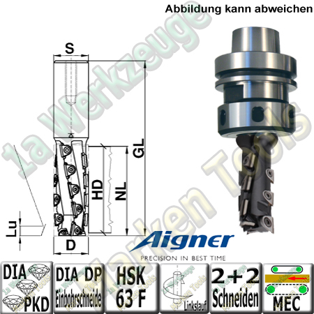 20mm DP PKD Diamant Nutschaftfräser Aigner "Konstantin®-Mini" Z2+2 20x64,9/125mm S25 Links incl. Spannfutter