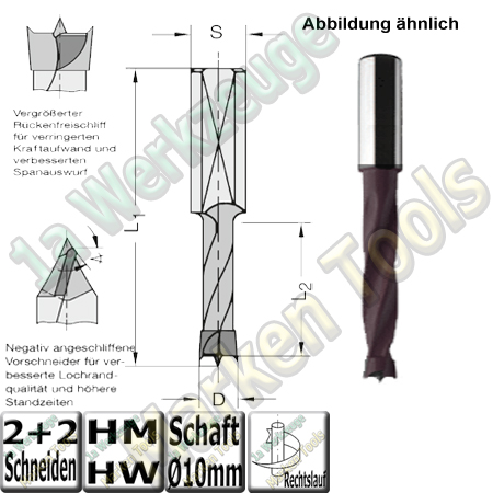 HW HM Dübelbohrer Dübelochbohrer Ø 10.5mm x27x57.5mm Z2+V2 Schaft 10mm