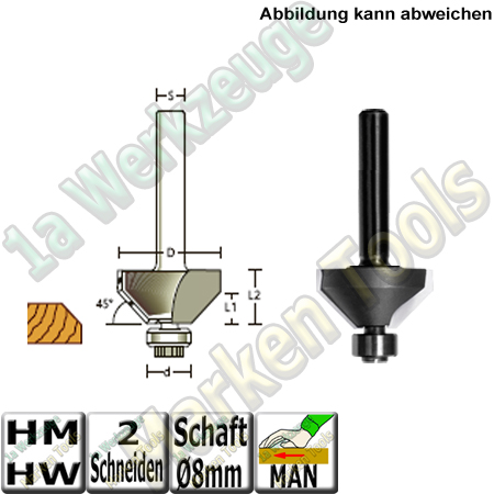 Fasefräser 45° Ø22x11mm d9,5mm Kugellager Z2 Schaft 8mm-