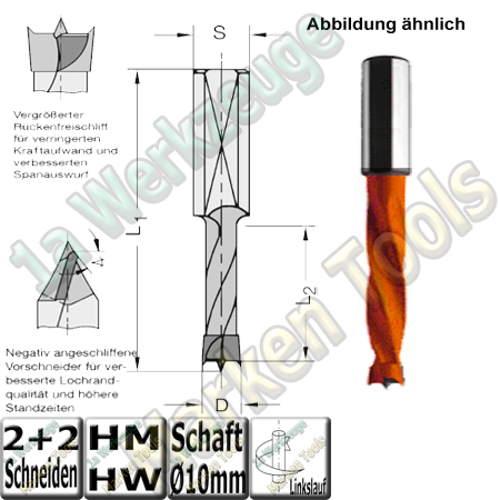 9.52mm HW HM Dübelbohrer Dübelochbohrer Ø 9.52mm x27x57.5mm Z2+V2 Schaft 10mm L.