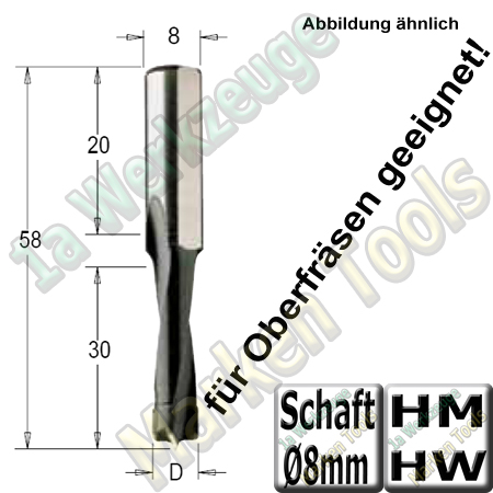 HW HM Dübelbohrer Dübelochbohrer Ø 4mm x30x58mm  Schaft 8 mm für Oberfräsen geeignet