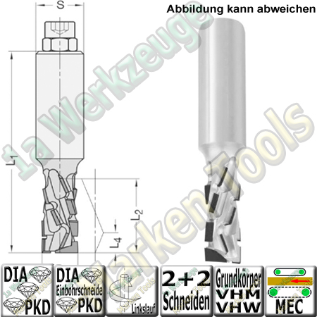 20mm DP Dia Schaftfräser Ø20mm x 42mm x 110mm JSO DIATEC-Pro DUO Z2+2 DP Einbohrschneide S=25 Links