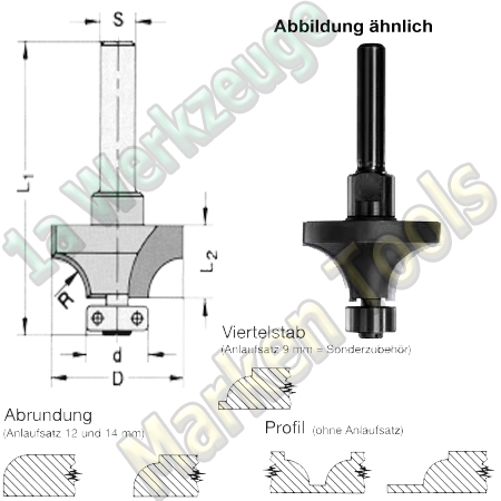Abrundfräser R10mm Ø34mm HM HW NL=17mm Kugellager Z2 Schaft 8mm