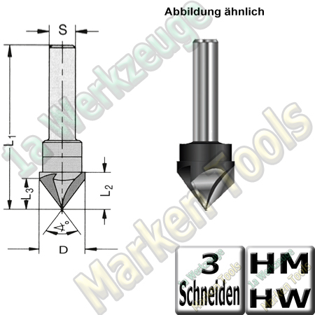 V-Nutfräser Schriftenfräser Gravierfräser 90° Ø 14mm x12,5x62,5mm Z3 HM HW Schaft 6,35mm-