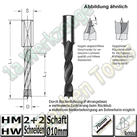 9mm HW HM Dübelboher Ø 9mm x43x70mm Z2+V2 m.Rückenführung Schaft 10mm-
