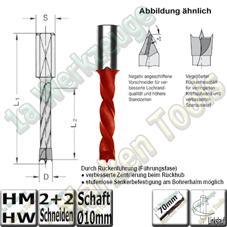 10mm HW HM Dübelboher Ø 10mm x43x70mm Z2+V2 m.Rückenführung Schaft 10mm  L.-