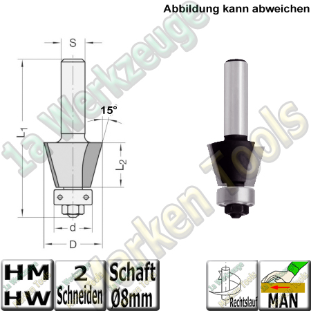 Fasefräser 15° Ø26x12mm d=21mm Kugellager Z2 Schaft 8-