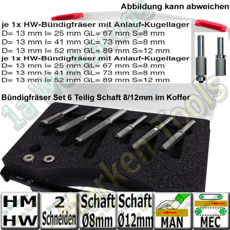 HM HW Bündigfräser-Satz 6-teilig Schaft 8/12mm in Kunststoffbox-