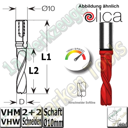 VHM VHW Dübelbohrer Dübelochbohrer Elica Softline Ø6mm x22x57,5mm Z2+V2 Schaft 10mm L.