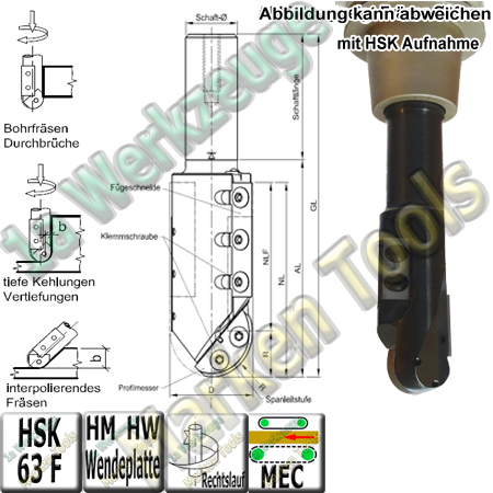 Wendeplatten Hohlkehl / Fügeschaftfräser R=10mm Ø20x43/83x130 S=20x55mm Z1+1