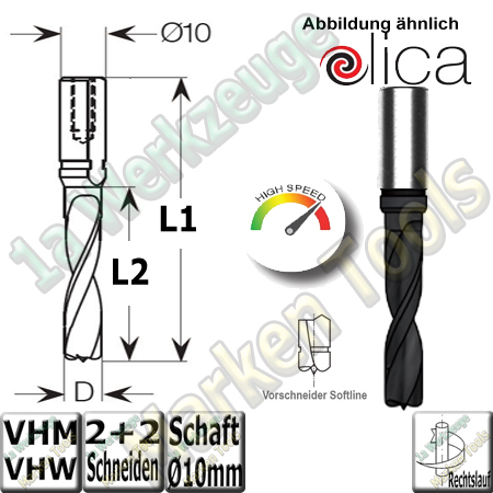 6mm VHM VHW Dübelbohrer Dübellochbohrer Elica Softline Ø6mm x35x70mm Z2+V2 Schaft 10mm-