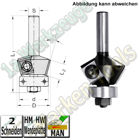 Wendeplatten Fasefräser 15° Ø24x12mm d19mm Kugellager Z2 Schaft 8mm L1=60mm-