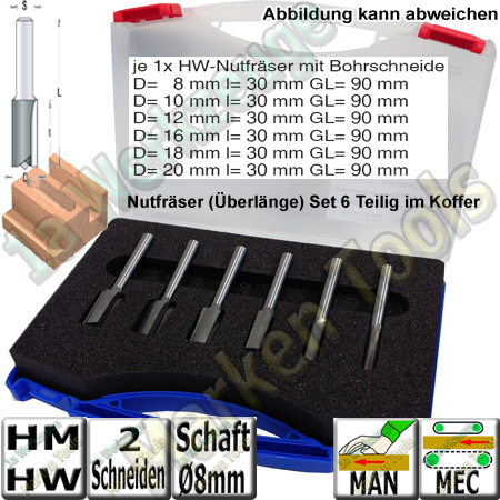 HW-Nutfräser-Satz (Überlänge) 6-teilig Schaft 8mm in Konststoffbox Profiqualität-