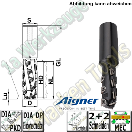 20mm DP PKD Diamant Nutschaftfräser Aigner "Konstantin®-Mini" Z2+2 20x64,9/125mm S25 Rechts