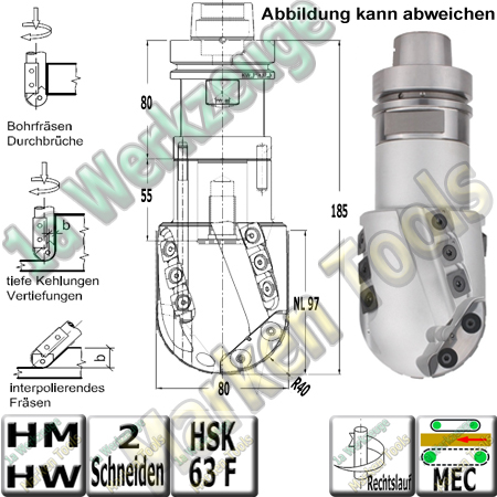 Wendeplatten Hohlkehl / Fügeschaftfräser R=40mm Ø80x97x185 S= HSKF63-F1 Z2