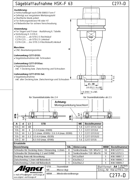 HSK 63F Sägeblattaufnahme AIGNER Ø 30x6.0, A=135mm-