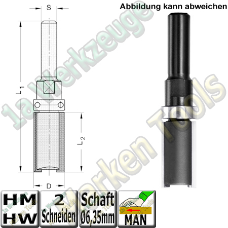 HM Bündigfräser Ø 12.7 x 25mm Nutzlänge  Schaft Ø 6,35mm mit Anlauflager Schaftseitig-