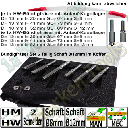 HM HW Bündigfräser-Satz 6-teilig Schaft 8/12mm in Kunststoffbox