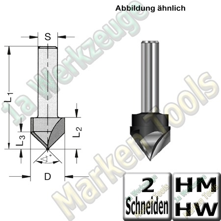 V-Nutfräser Schriftenfräser Gravierfräser 90° Ø 14mm x13,5x43,5mm Z2 HM HW Schaft 6.35mm-