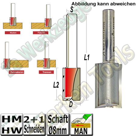 Nutfräser Ø 8mm x25x60mm Z2+1 HM HW Schaft 8mm-